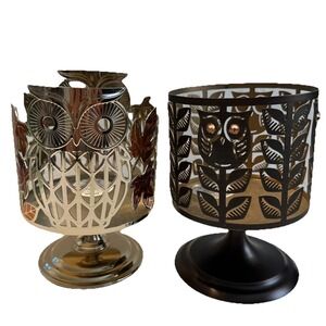 (2) New Bath and Body Works 3-Wick Candle Holders On Pedestal Owls And Leaves